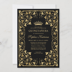 Vintag Glam Black Gold Rahmen Tiara Quinceanera Einladung