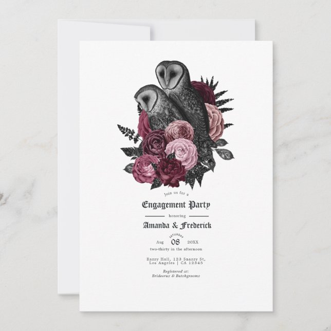 Vintag Glam Burgundy Owls Gothic Engagement Party Einladung (Vorderseite)