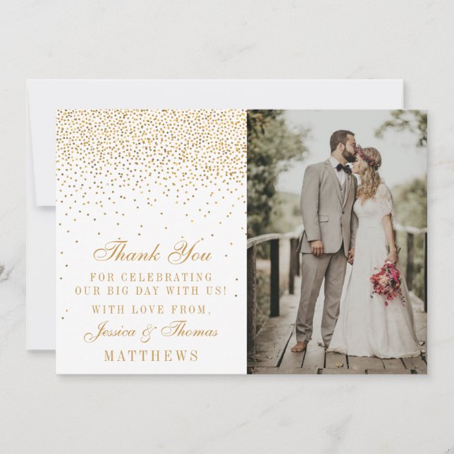 Vintag Glam Gold Confetti Wedding Foto Dankeskarte (Vorderseite)