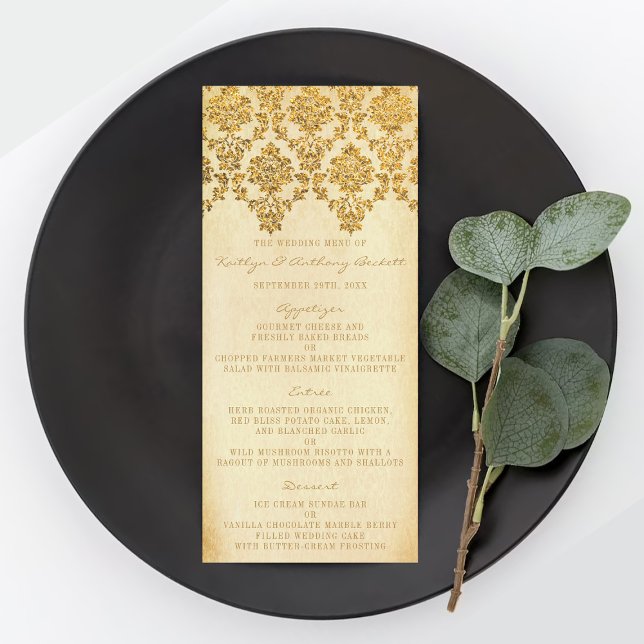 Vintag Glam Gold Damask Wedding Memu Werbekarte (Von Creator hochgeladen)