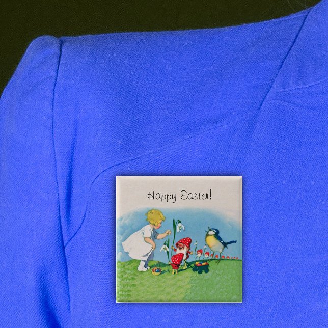Vintag glückliche Ostereier Button (Happy Easter Little girl, elves, bird and coloured eggs on pin back button.)