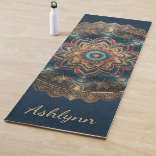 Vintag Gold Blume Mandala Navy Blauer Meditation Yogamatte