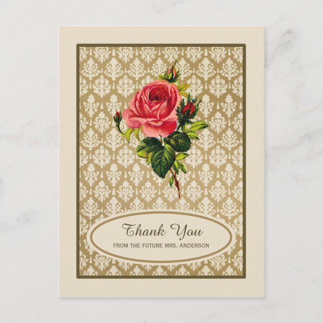 Vintag Gold Damask Rose Brautparty Vielen Dank Postkarte (Vorderseite)