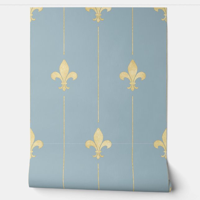 Vintag Gold Fleur-de-Lis Dusky Blue Tapete (Abrollen)