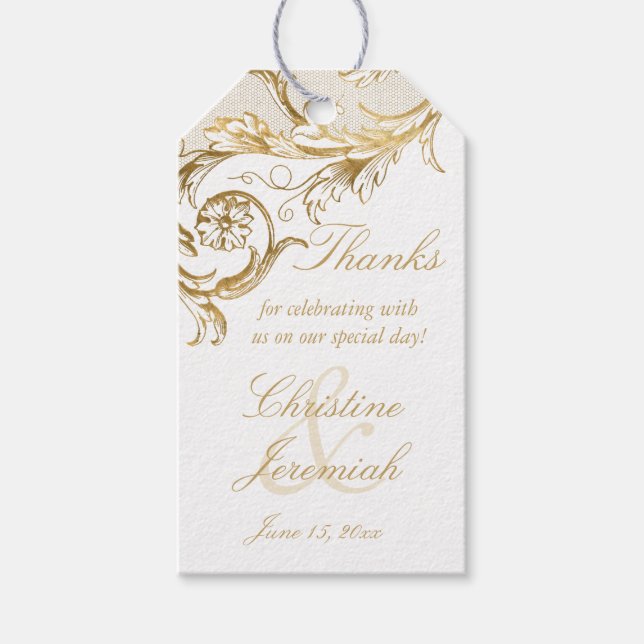 Vintag Gold Floral Damask Hochzeit Danke Geschenkanhänger (Vorderseite)