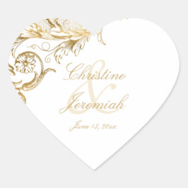Vintag Gold Floral Damask Script White Wedding He Herz-Aufkleber