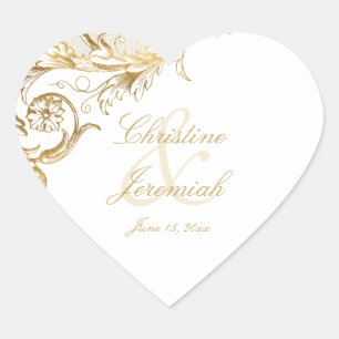 Vintag Gold Floral Damask Script White Wedding He Herz-Aufkleber