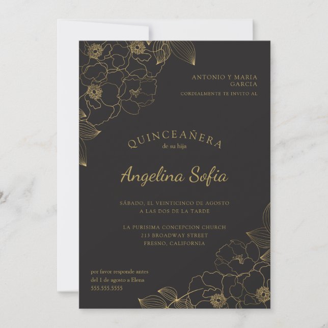 Vintag Gold Floral Quinceanera Einladung (Vorderseite)