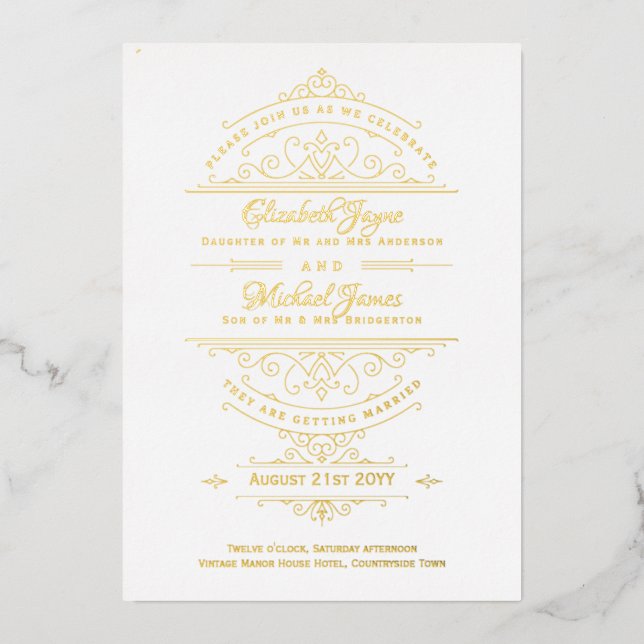 Vintag GOLD FOIL Klassische Verzierte Hochzeit Folieneinladung (Vorderseite)