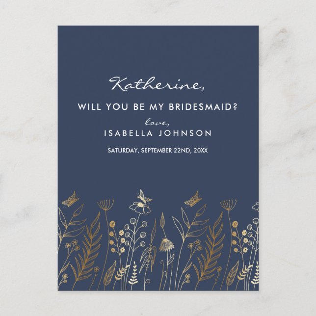 Vintag Gold Foil Navy Werden Sie meine Bridesmaid? Einladungspostkarte (Vorderseite)