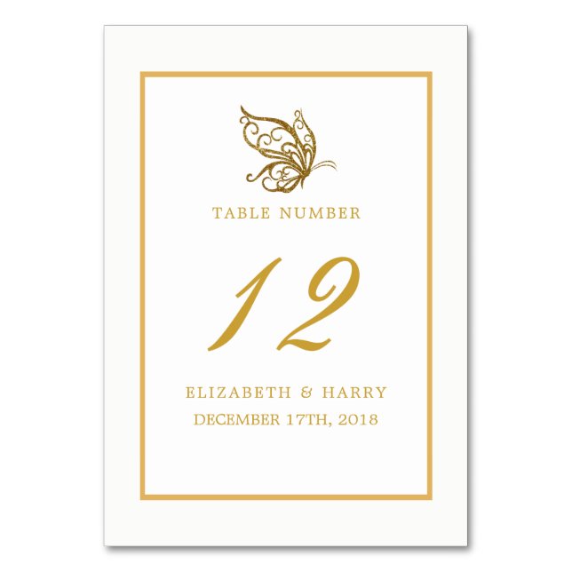 Vintag Gold Glitzer Butterfly Hochzeitstisch Nr. Tischnummer (Vorderseite)