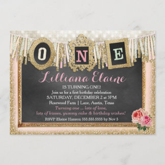 Vintag Gold Glitzer First Birthday Banner Einladung