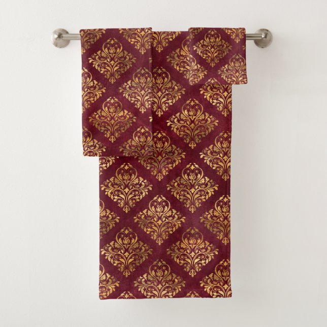 Vintag Gold Maroon Damask Muster Badhandtuch Set (Insitu)