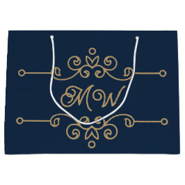 Vintag Gold & Navy Blue Blühte Monogram Luxury Große Geschenktüte