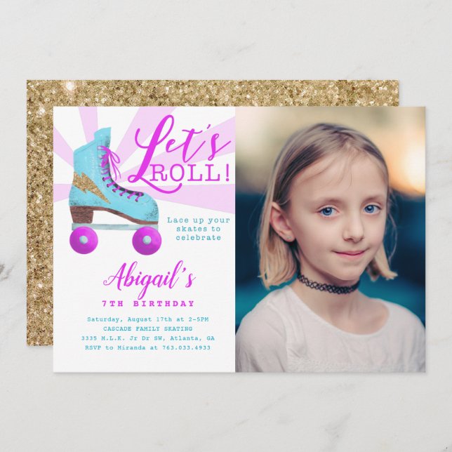 Vintag Gold Roller Skaten Birthday Party Foto Einladung (Vorne/Hinten)