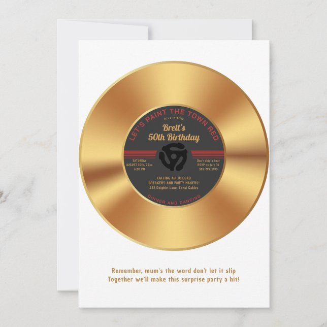 Vintag Gold Vinyl 45 Rekordüberraschung Geburtstag Einladung (Vorderseite)