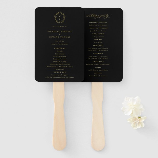Vintag Gold Wappen Black Wedding Program Fächer (Vorne und Hinten)