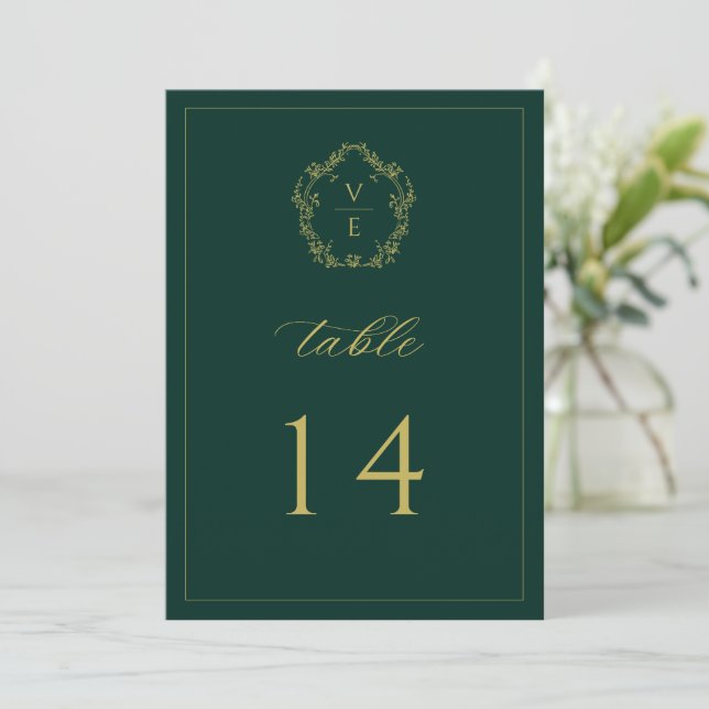 Vintag Gold Wappen Emerald Wedding Tischnummer (Stehend Vorderseite)