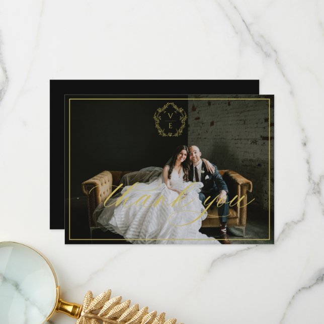 Vintag Gold Wappen Monogram Wedding Foto Black Dankeskarte (Vorderseite/Rückseite Beispiel)