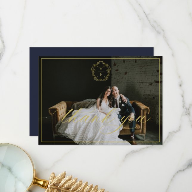 Vintag Gold Wappen Monogram Wedding Foto Navy Dankeskarte (Vorderseite/Rückseite Beispiel)