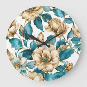 Vintag-Gold-Weiß-Aquamarin-Blumenmuster-Blume Große Wanduhr