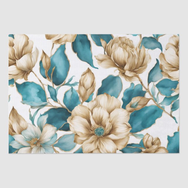 Vintag-Gold-Weiß-Aquamarin-Blumenmuster-Blume Seidenpapier (Vorderseite)