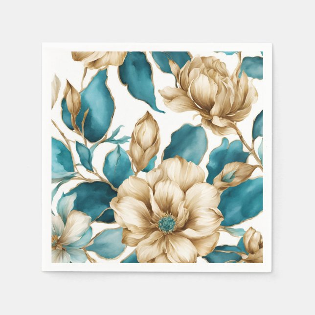 Vintag-Gold-Weiß-Aquamarin-Blumenmuster-Blume Serviette (Vorderseite)
