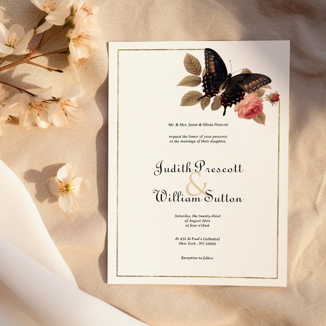 Vintag-Goldbarsch-Rosa-Schmetterling-Blumenhochzei Einladung (Vintage brown gold pink butterfly floral wedding)