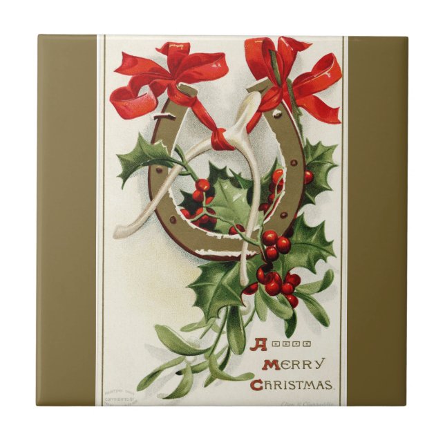 Vintag Golden Horseshoe Wishbone Bronze Weihnachte Fliese (Vorderseite)