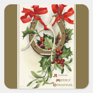 Vintag Golden Horseshoe Wishbone Bronze Weihnachte Quadratischer Aufkleber