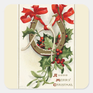 Vintag Golden Horseshoe Wishbone Weihnachten Quadratischer Aufkleber
