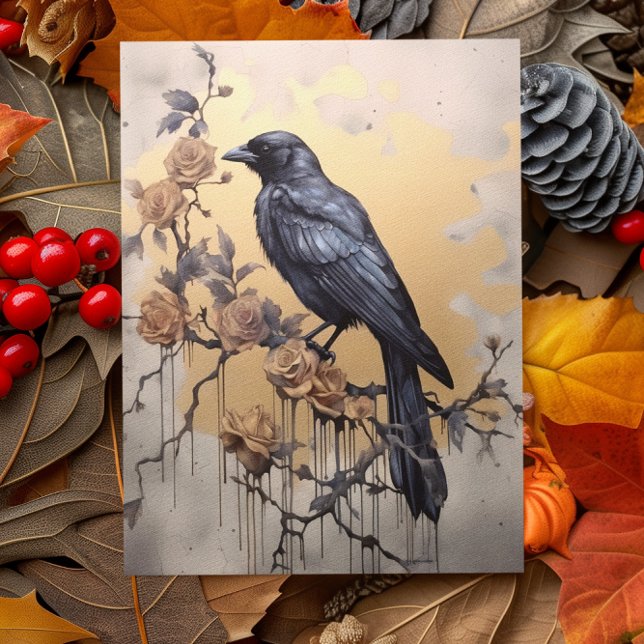 Vintag Goth Raven Gold Rose Aquarell Postkarte (Von Creator hochgeladen)
