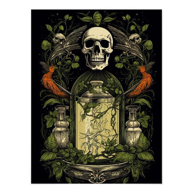 Vintag Goth Skeleton Skull Raven Poison Halloween Poster (Vorderseite)