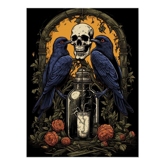 Vintag Goth Skeleton Skull Raven Poison Halloween Poster (Vorderseite)