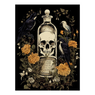 Vintag Goth Skeleton Skull Raven Poison Halloween Poster