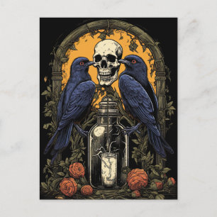 Vintag Goth Skeleton Skull Raven Poison Halloween Postkarte