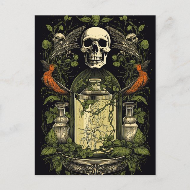 Vintag Goth Skeleton Skull Raven Poison Halloween Postkarte (Vorderseite)