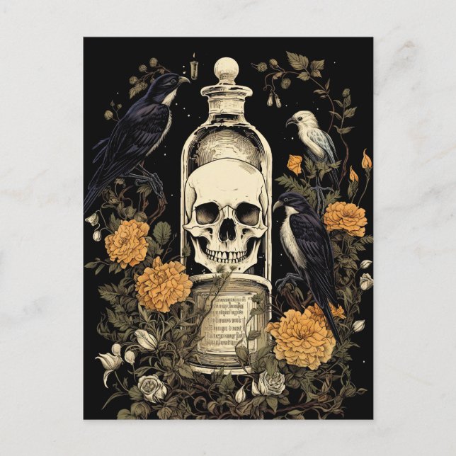 Vintag Goth Skeleton Skull Raven Poison Halloween Postkarte (Vorderseite)