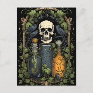 Vintag Goth Skeleton Skull Raven Poison Halloween Postkarte