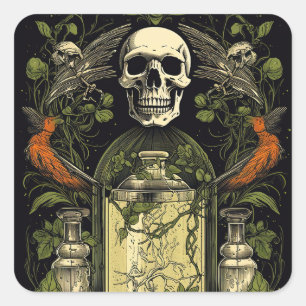Vintag Goth Skeleton Skull Raven Poison Halloween Quadratischer Aufkleber