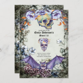 Vintag Goth Skulls Sweet 16 Lila Orange Blume Einladung