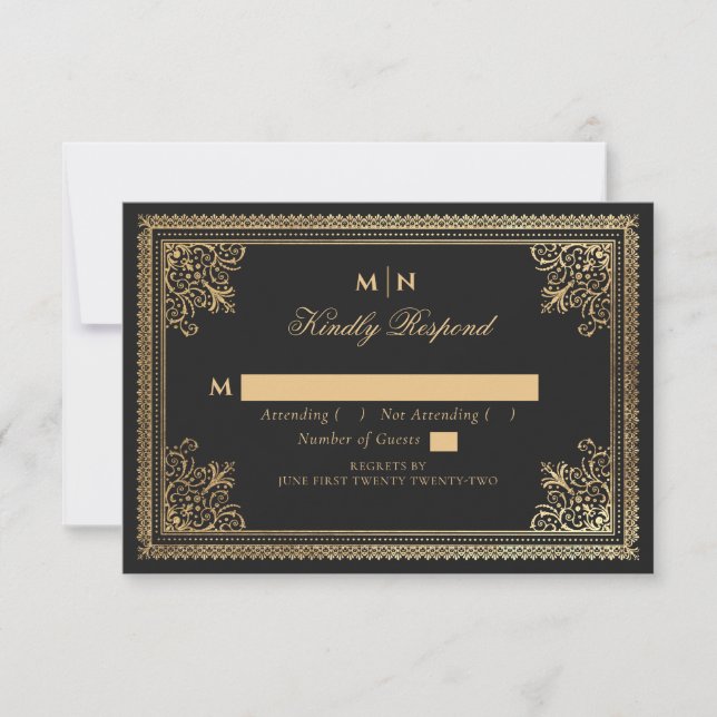 Vintag Gothic Gold Viktorianisch Wedding RSVP (Vorderseite)