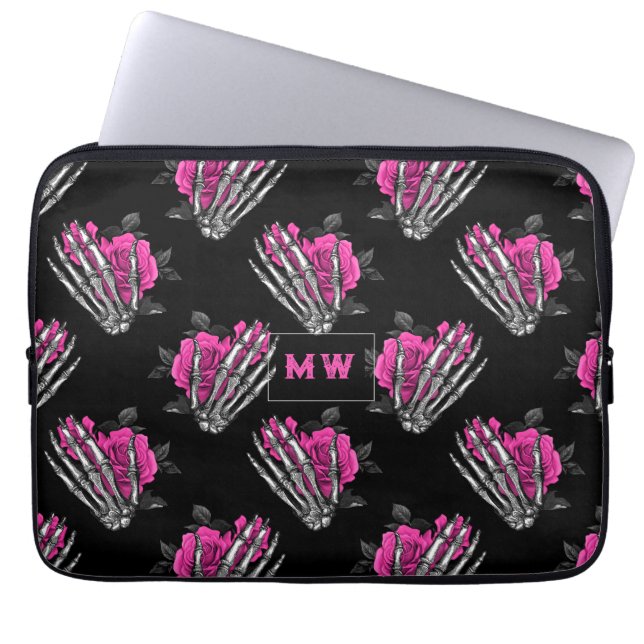 Vintag Gothic Pink Roses Skelett Monogramm Laptopschutzhülle (Vorderseite)