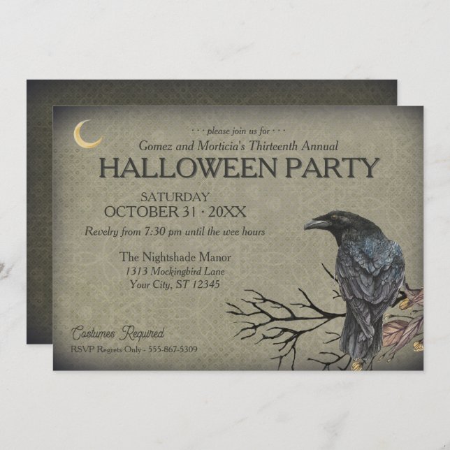 Vintag Gothic Raven Halloween-Party Einladung (Vorne/Hinten)