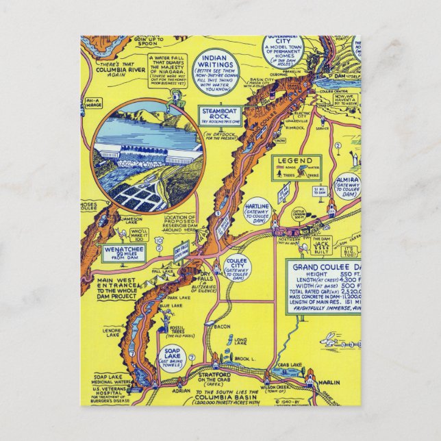 Vintag Grand Coulee Dam Hysterical Map Travel Postkarte (Vorderseite)