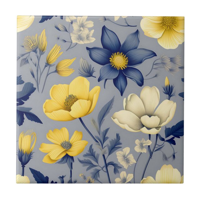 Vintag-grau-botanisch mit gelber Blüte Fliese (Vorderseite)