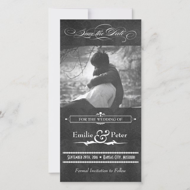Vintag Grau Damask Foto Save the Date (Vorderseite)