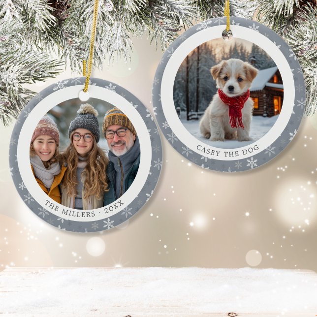 Vintag Grau Schneeflocken Familienjung Weihnachten Keramik Ornament (Vintage Grey Snowflakes Family Christmas 2 Photos Ceramic Ornament)