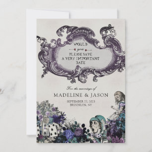 Vintag-Graue Dunkle Alice im Wunderland Hochzeit Save The Date