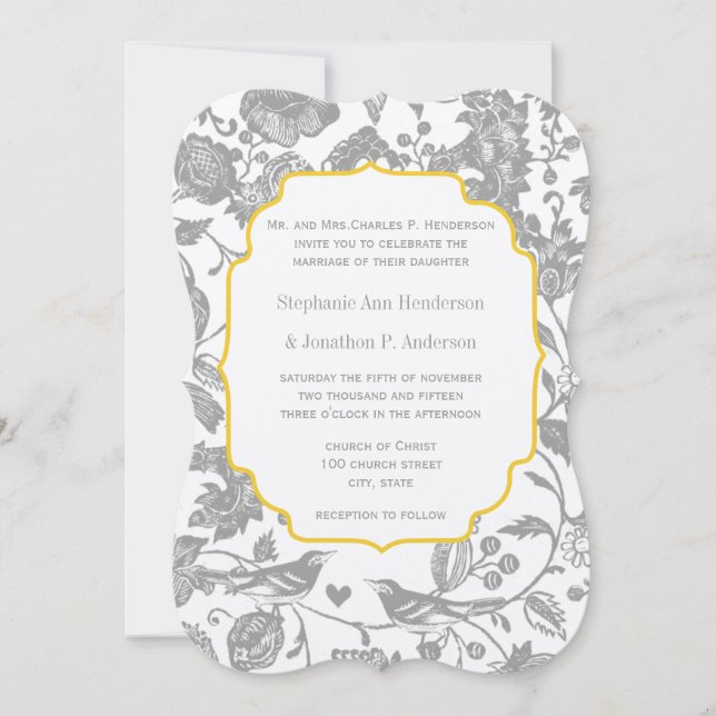 Vintag-Graue-Gelbe-Blütenvogel Hochzeit Einladung (Vorderseite)